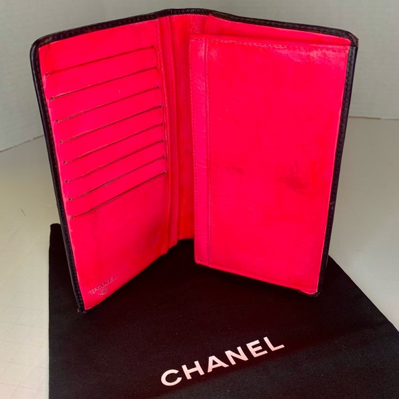 CHANEL Cambon Bi fold Long Wallet Line Coco Mark Leather / Black ~ Neon Pink COA - Picture 3 of 16